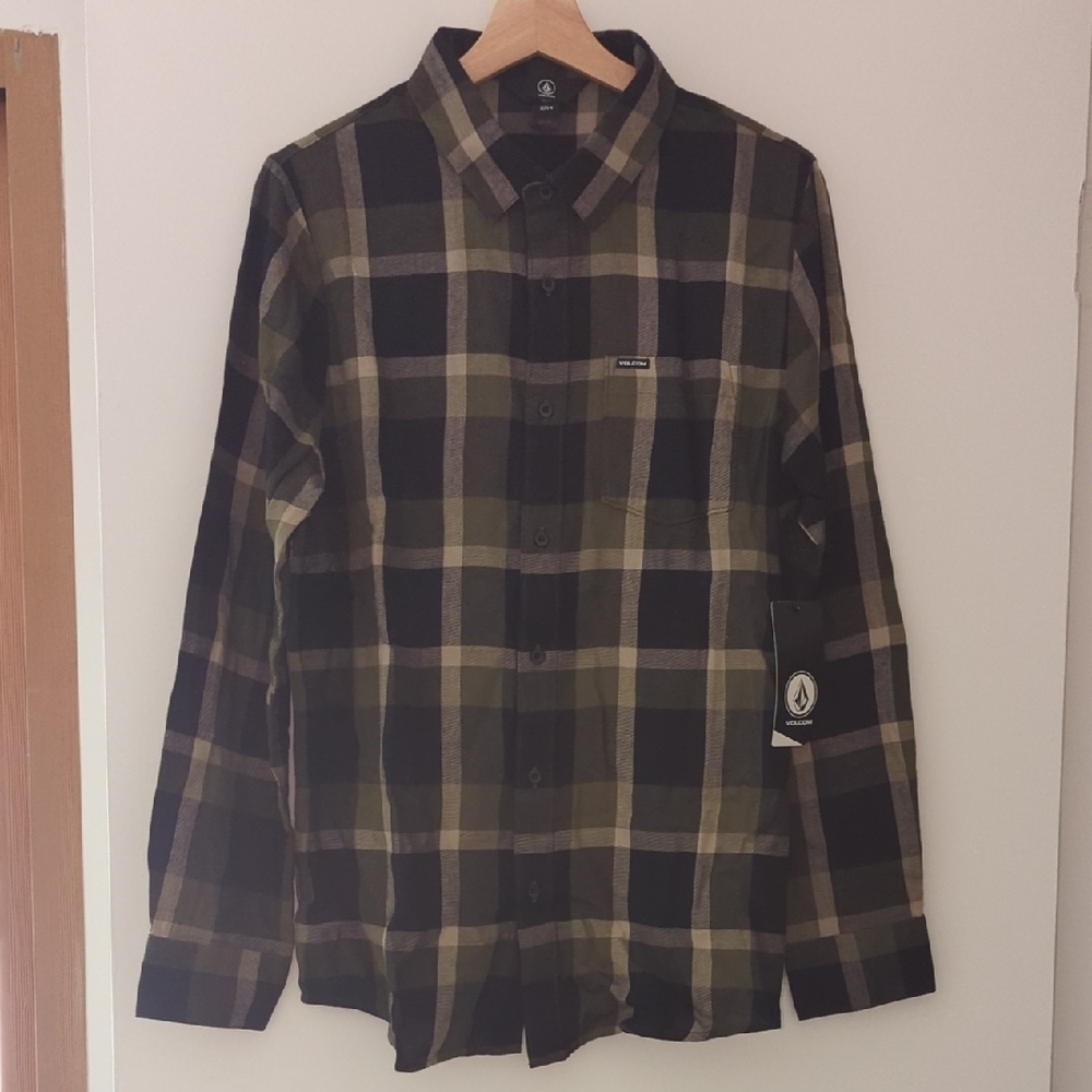 Volcom Men's Plaid Shirt - Black and Tan